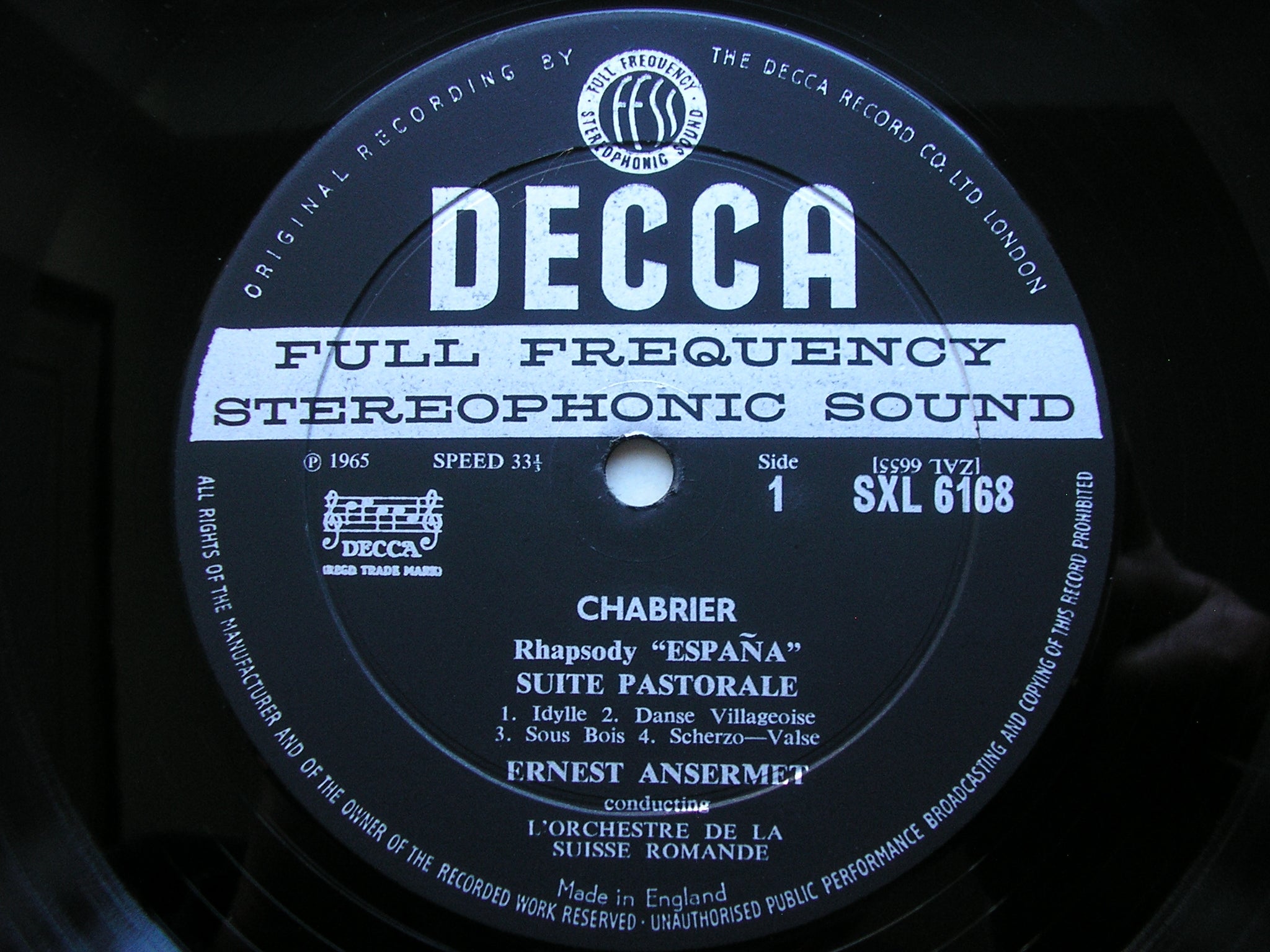 SXL 6168 ANSERMET CONDUCTS CHABRIER: ESPANA / JOYEUSE MARCHE / SUITE PASTORALE ANSERMET / SUISSE ROMANDE