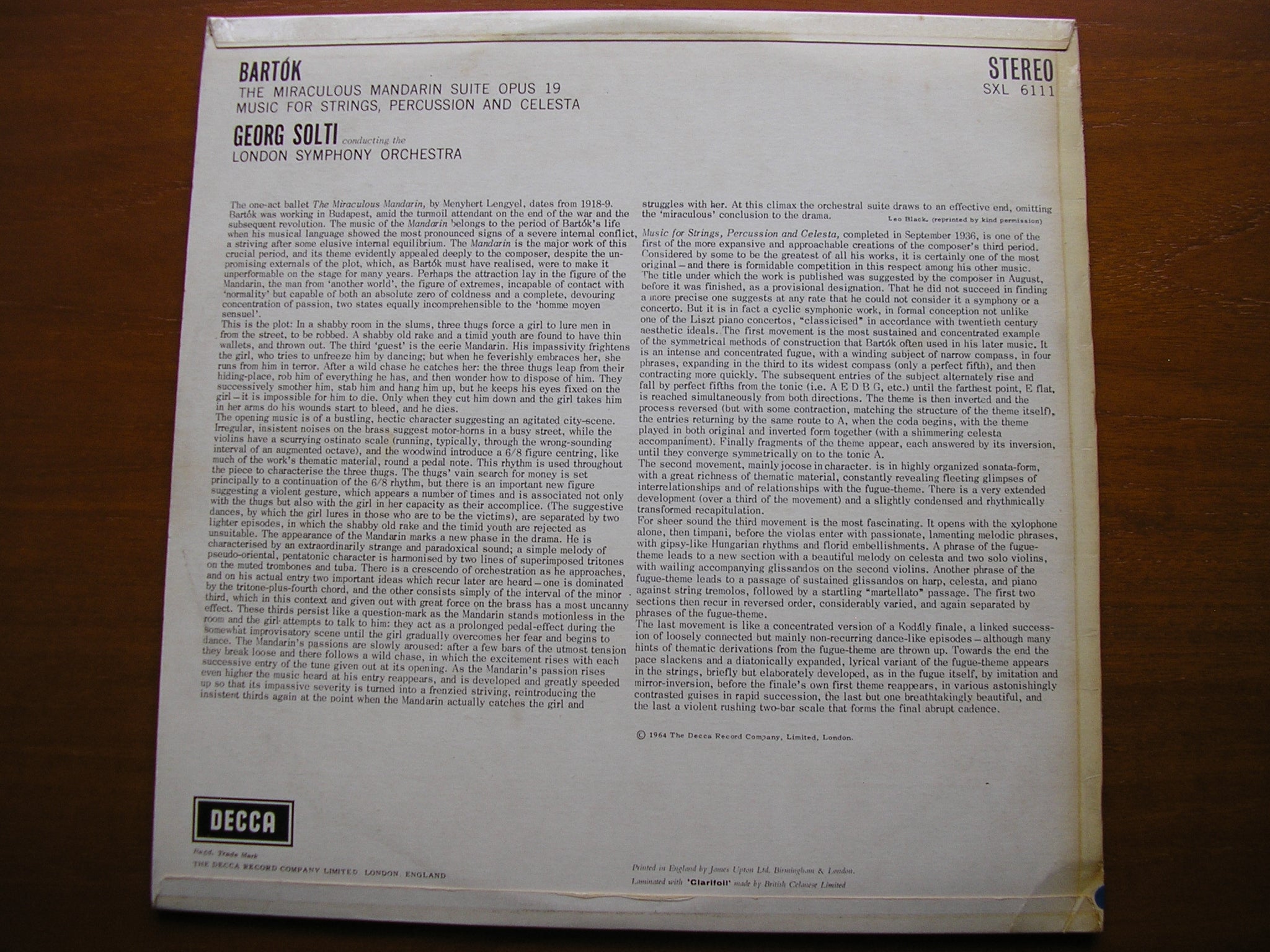 SXL 6111 BARTOK: MUSIC FOR STRINGS, PERCUSSION & CELESTA / THE MIRACULOUS MANDARIN SOLTI / LONDON SYMPHONY