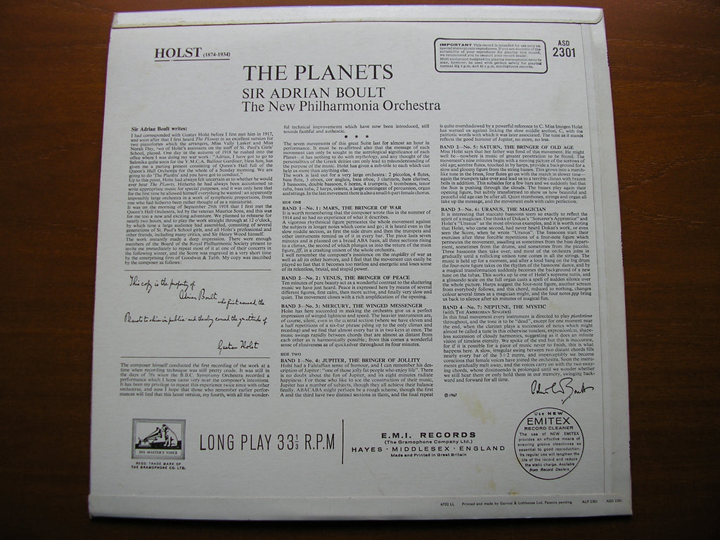 HOLST: THE PLANETS   BOULT / NEW PHILHARMONIA ORCHESTRA   ASD 2301