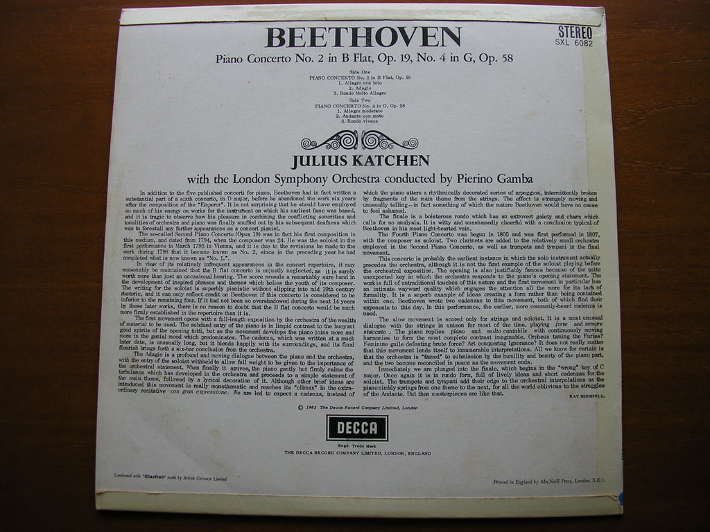 SXL 6082 BEETHOVEN: PIANO CONCERTOS Nos. 2 & 4 KATCHEN / LONDON SYMPHONY / GAMBA