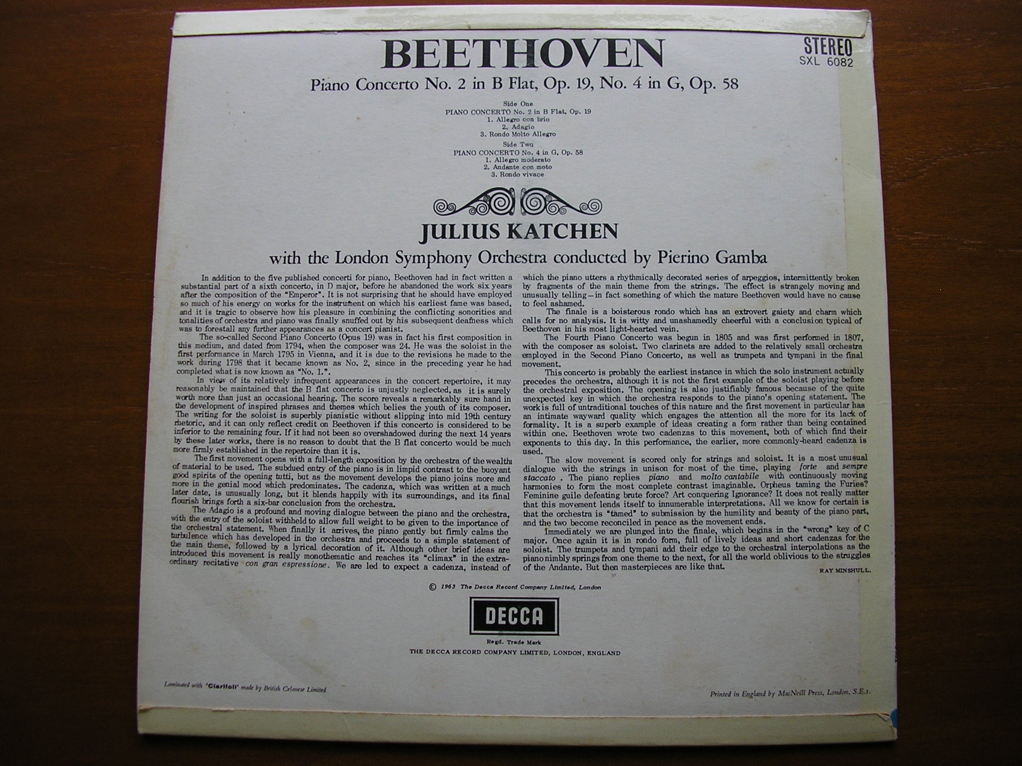 SXL 6082 BEETHOVEN: PIANO CONCERTOS Nos. 2 & 4 KATCHEN / LONDON SYMPHONY / GAMBA