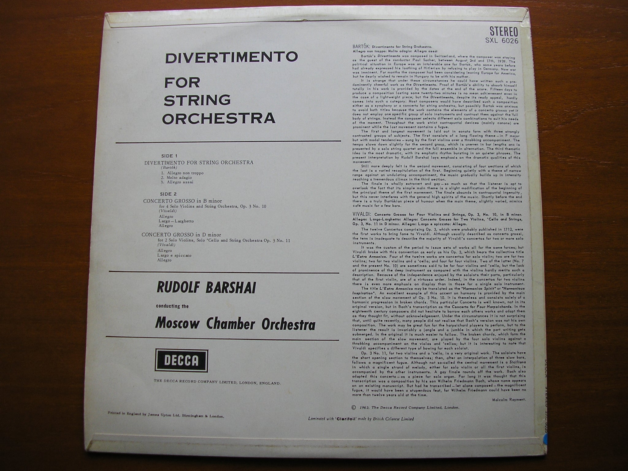 SXL 6026 BARTOK: DIVERTIMENTO / VIVALDI: TWO CONCERTI GROSSI Op. 3 BARSHAI / MOSCOW CHAMBER ORCHESTRA