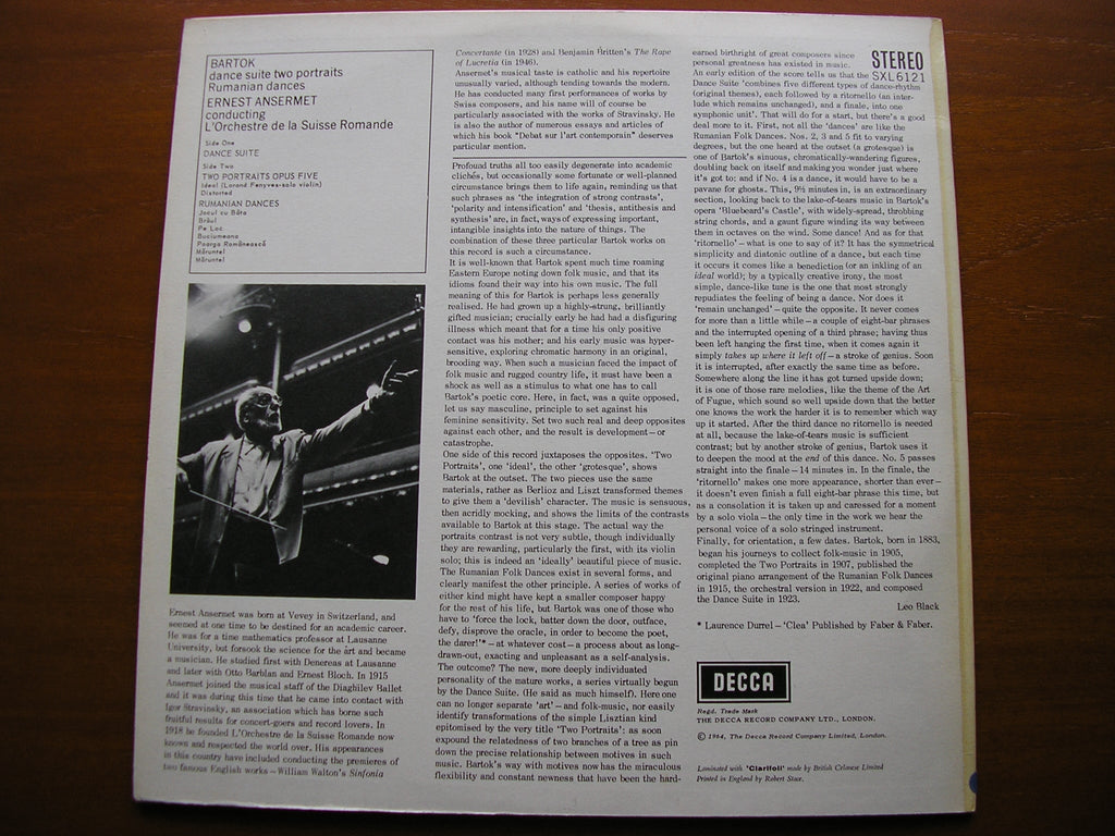 SXL 6121 BARTOK: DANCE SUITE / TWO PORTRAITS / RUMANIAN DANCES ANSERMET / SUISSE ROMANDE