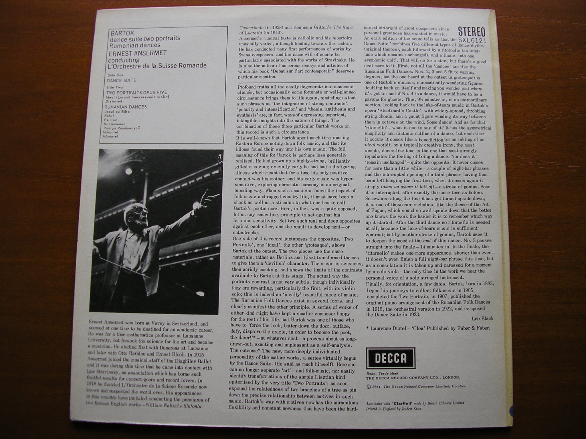 SXL 6121 BARTOK: DANCE SUITE / TWO PORTRAITS / RUMANIAN DANCES ANSERMET / SUISSE ROMANDE