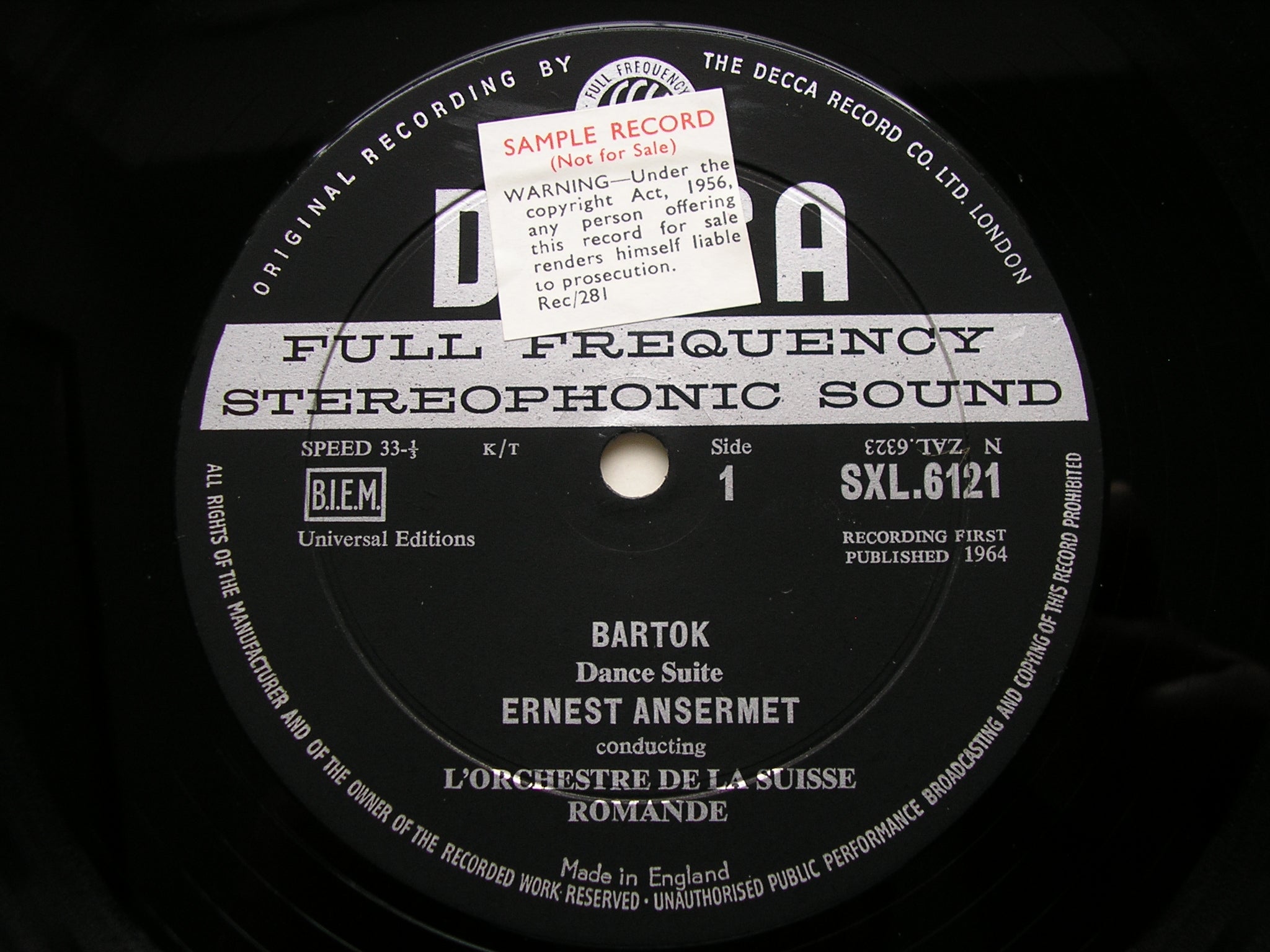 SXL 6121 BARTOK: DANCE SUITE / TWO PORTRAITS / RUMANIAN DANCES ANSERMET / SUISSE ROMANDE