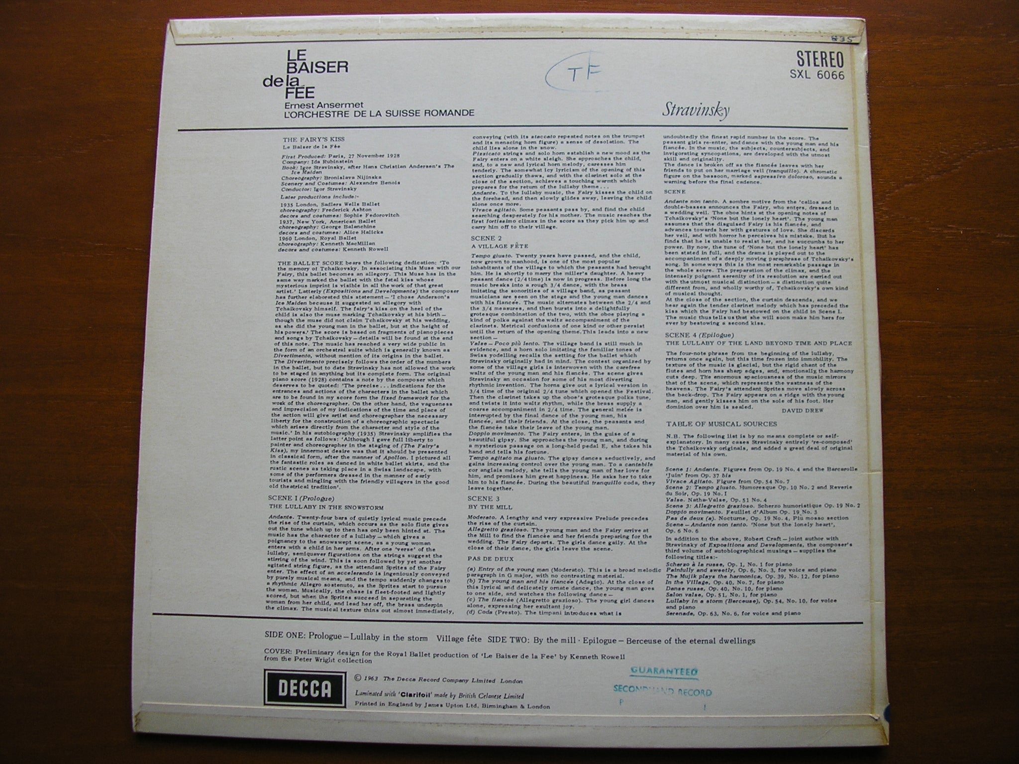 SXL 6066 STRAVINSKY: LE BAISER DE LA FEE ANSERMET / SUISSE ROMANDE