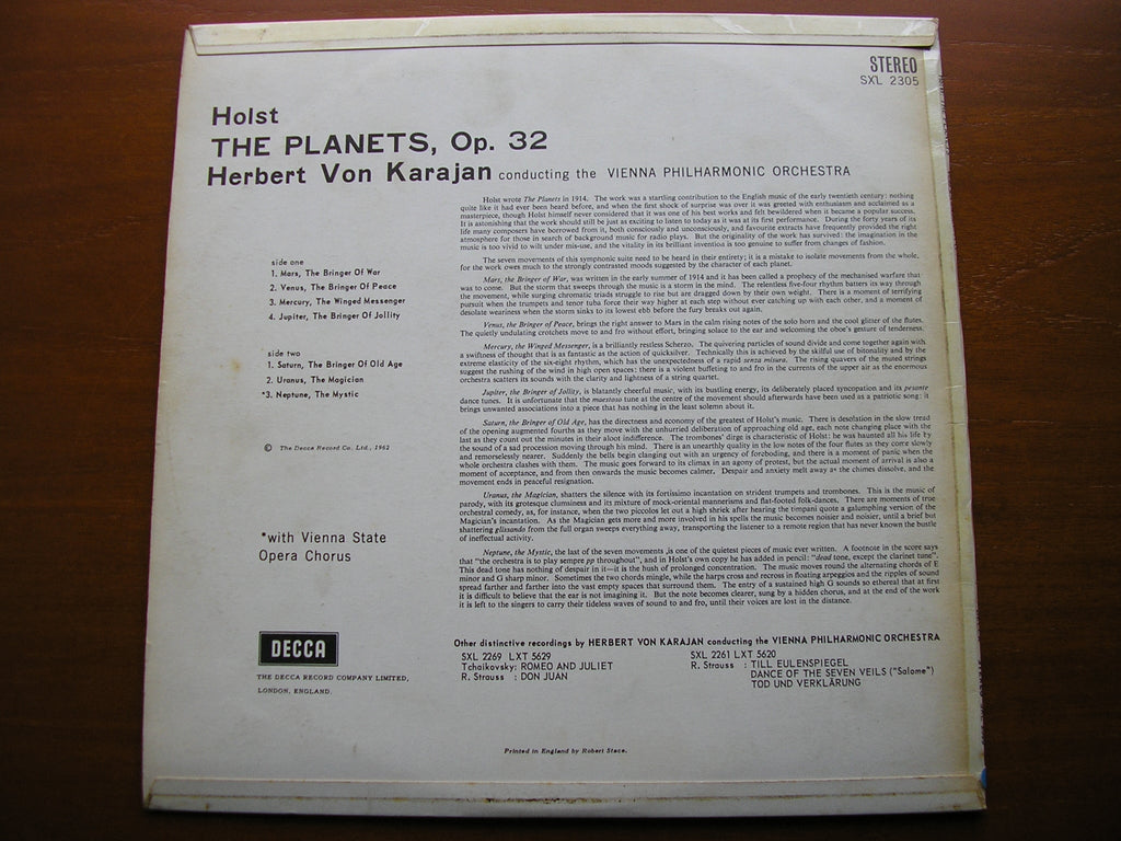 SXL 2305 HOLST: THE PLANETS KARAJAN / VIENNA PHILHARMONIC