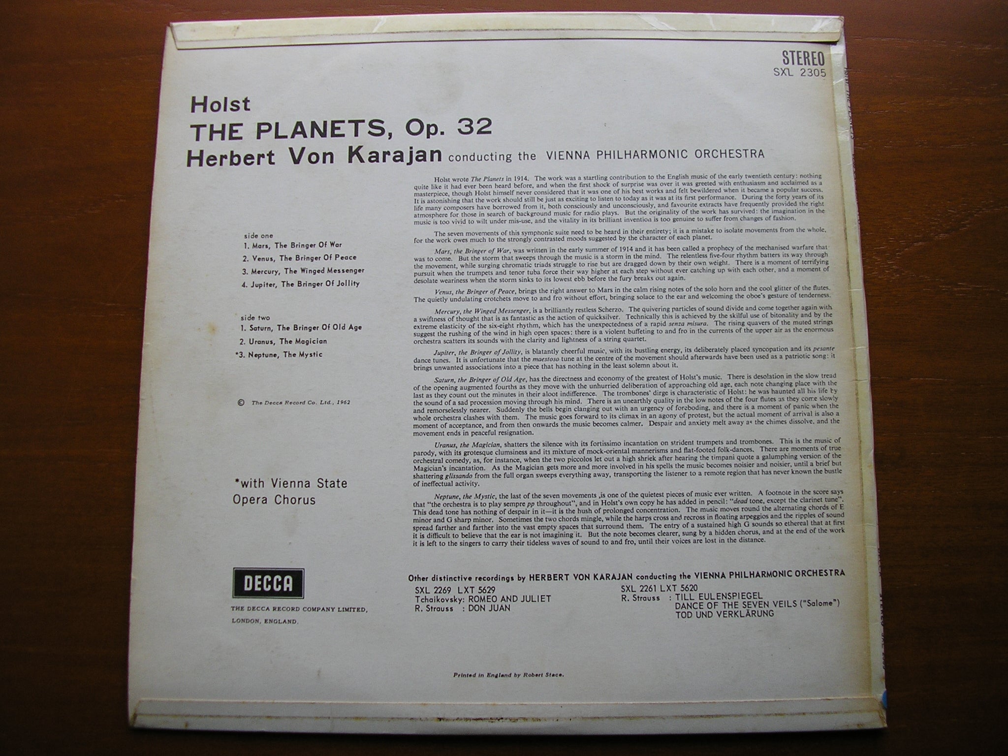 SXL 2305 HOLST: THE PLANETS KARAJAN / VIENNA PHILHARMONIC