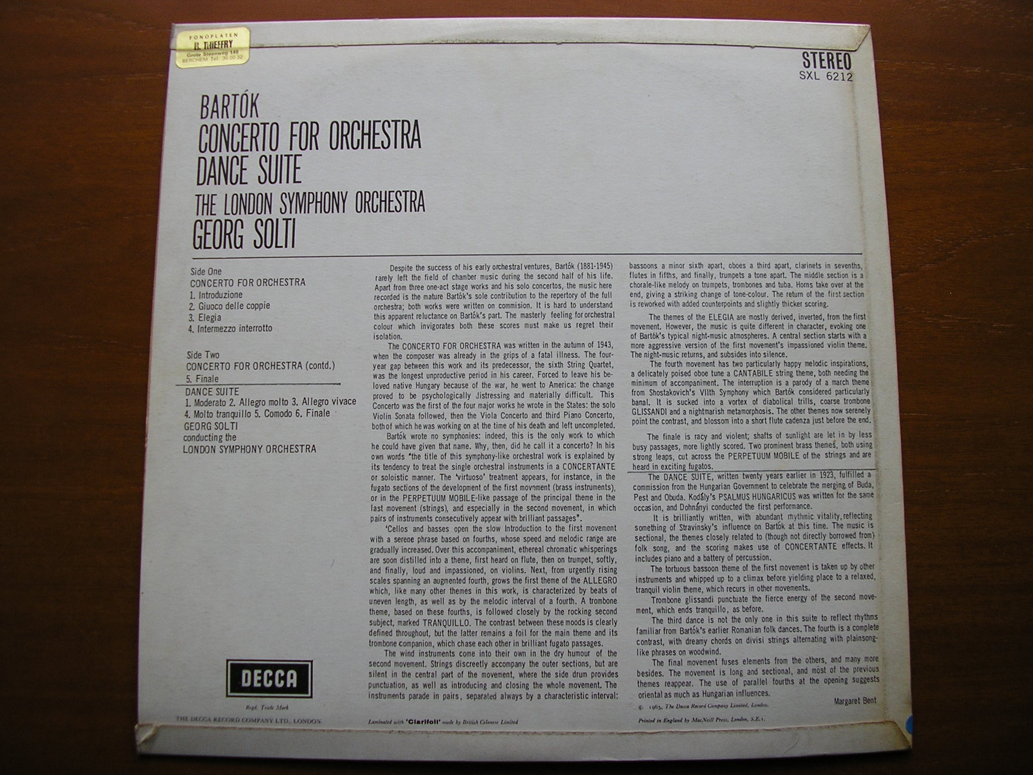 SXL 6212 BARTOK: CONCERTO FOR ORCHESTRA / DANCE SUITE SOLTI / LONDON SYMPHONY