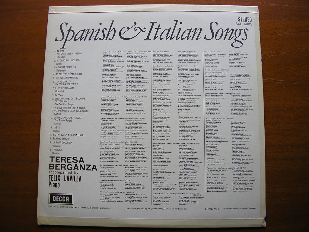 SXL 6005 SPANISH & ITALIAN SONGS TERESA BERGANZA / FELIX LAVILLA