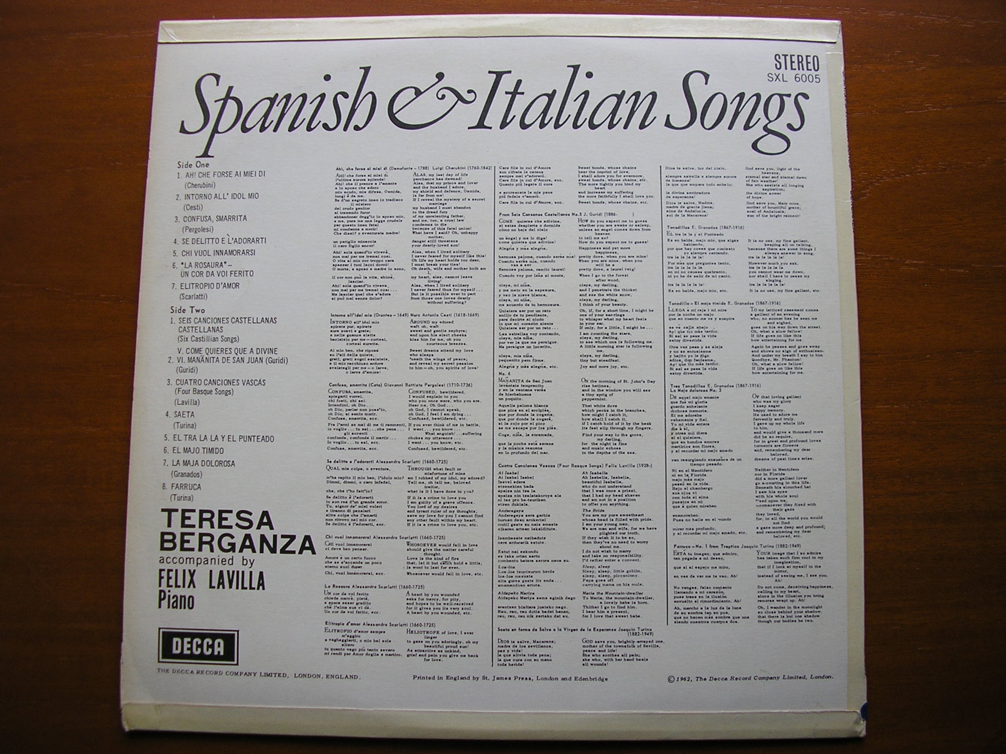 SXL 6005 SPANISH & ITALIAN SONGS TERESA BERGANZA / FELIX LAVILLA