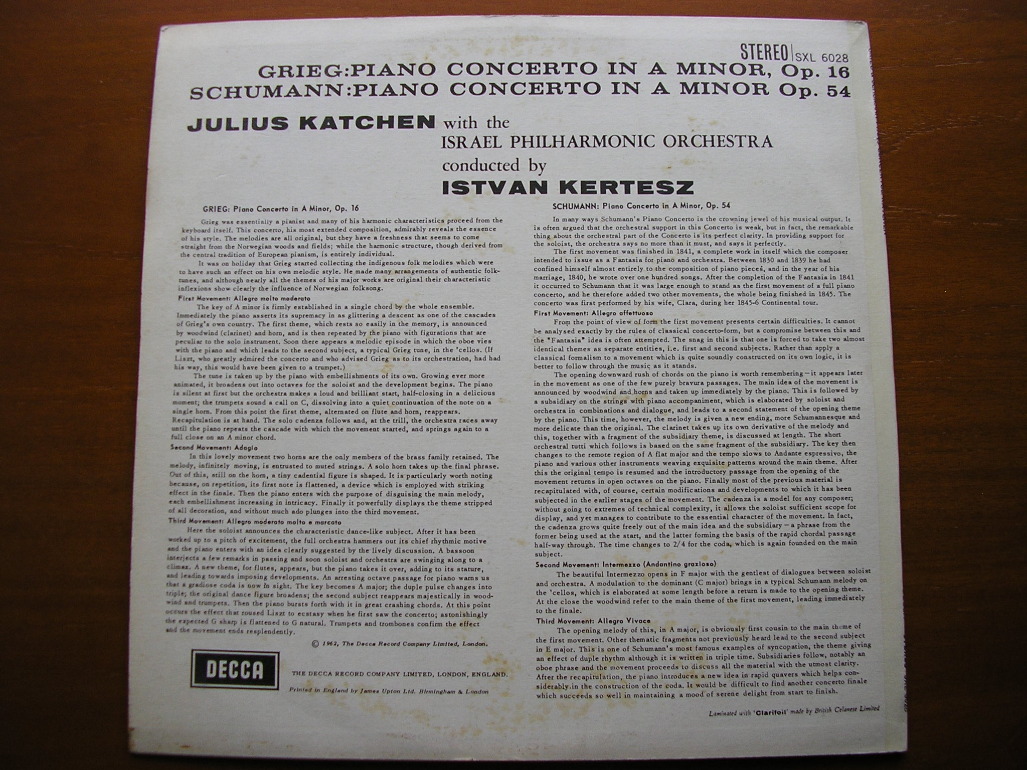 SXL 6028 GRIEG & SCHUMANN: PIANO CONCERTOS KATCHEN / ISRAEL PHILHARMONIC ORCHESTRA / KERTESZ