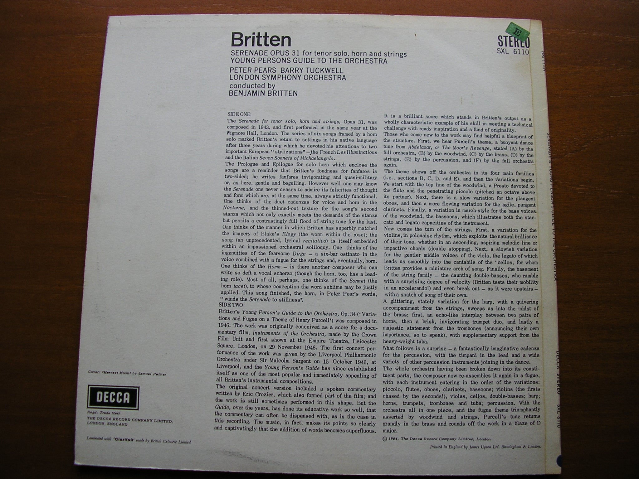 SXL 6110 BRITTEN: SERENADE / YOUNG PERSON'S GUIDE PEARS / TUCKWELL / LONDON SYMPHONY / BRITTEN