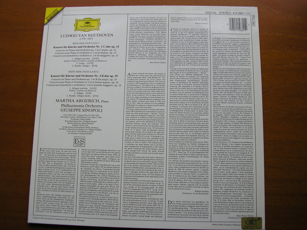 BEETHOVEN: PIANO CONCERTOS Nos. 1 & 2     ARGERICH / PHILHARMONIA / SINOPOLI    415 682