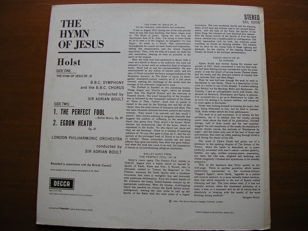 SXL 6006 HOLST: THE HYMN OF JESUS / THE PERFECT FOOL / EGDON HEATH BOULT / LONDON PHILHARMONIC
