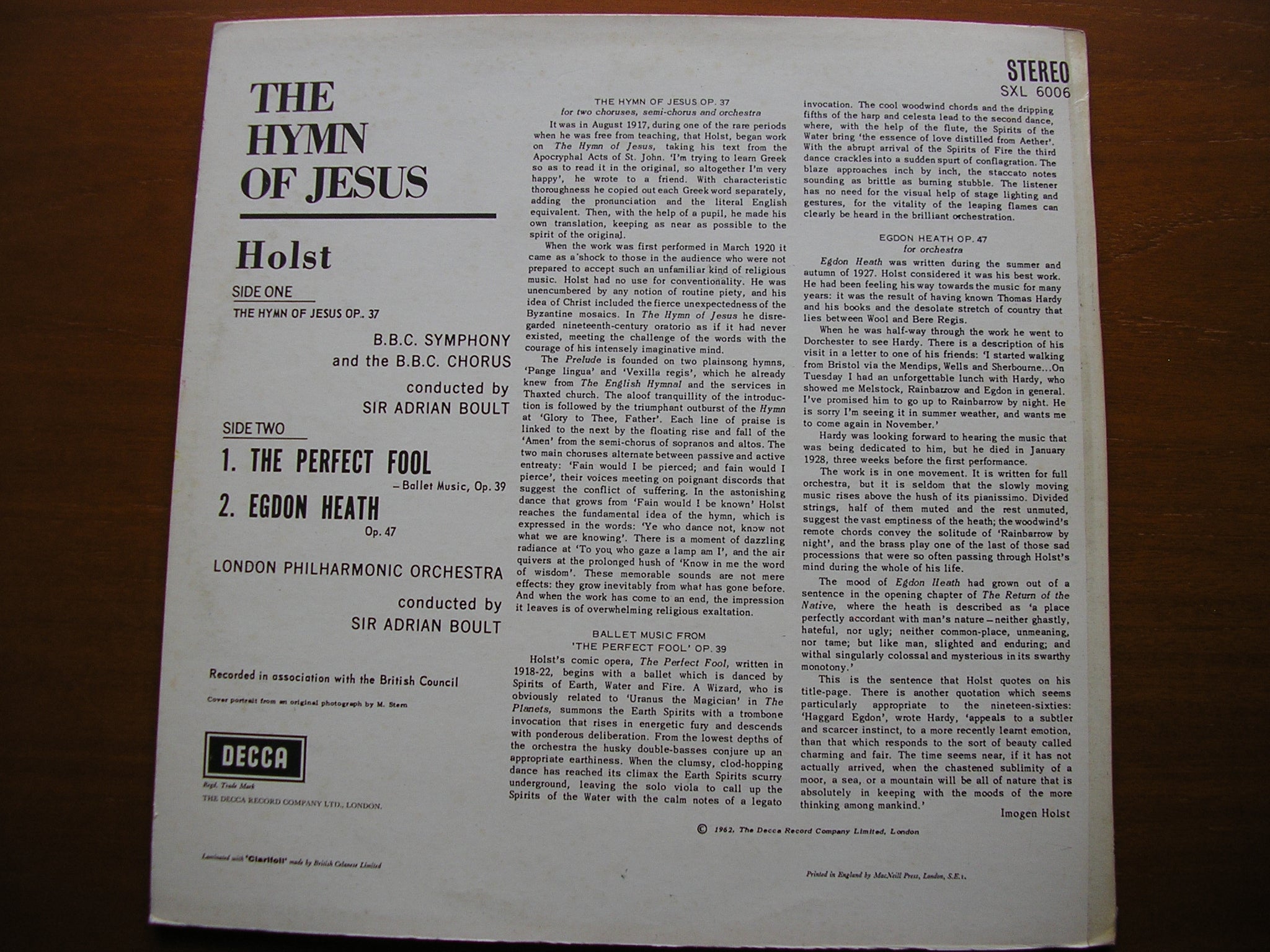 SXL 6006 HOLST: THE HYMN OF JESUS / THE PERFECT FOOL / EGDON HEATH BOULT / LONDON PHILHARMONIC