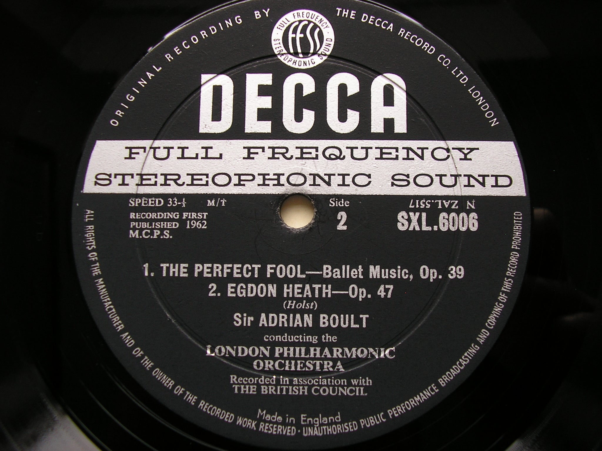 SXL 6006 HOLST: THE HYMN OF JESUS / THE PERFECT FOOL / EGDON HEATH BOULT / LONDON PHILHARMONIC