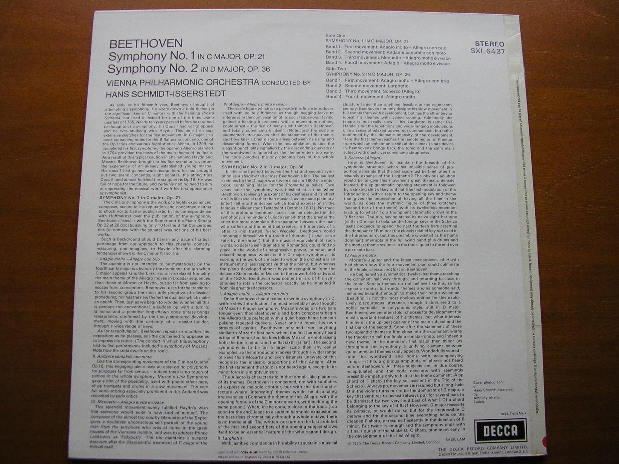 SXL 6437 BEETHOVEN: SYMPHONIES 1 & 2 HANS SCHMIDT- ISSERSTEDT / VIENNA PHILHARMONIC ORCHESTRA