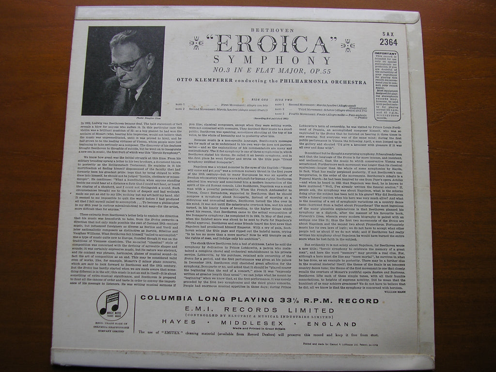 SAX 2364  BEETHOVEN: SYMPHONY No. 3 'Eroica'      KLEMPERER / PHILHARMONIA