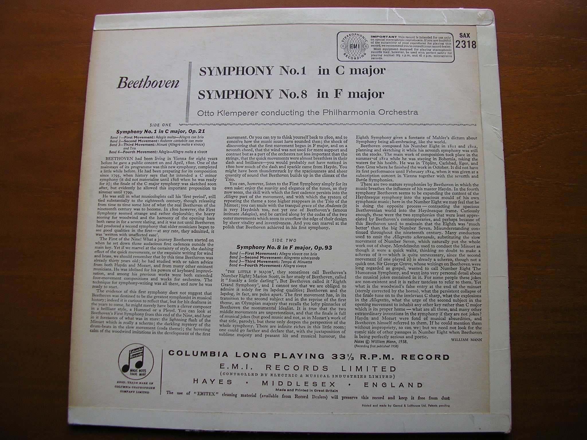SAX 2318  BEETHOVEN: SYMPHONIES Nos. 1 & 8       KLEMPERER / PHILHARMONIA