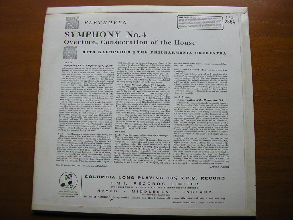 SAX 2354  BEETHOVEN: SYMPHONY No. 4 / OVERTURE Consecration of the House    OTTO KLEMPERER / PHILHARMONIA