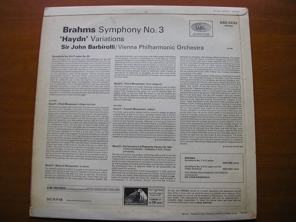 BRAHMS: SYMPHONY No. 3 / HAYDN VARIATIONS    BARBIROLLI / VIENNA PHILHARMONIC   ASD 2432