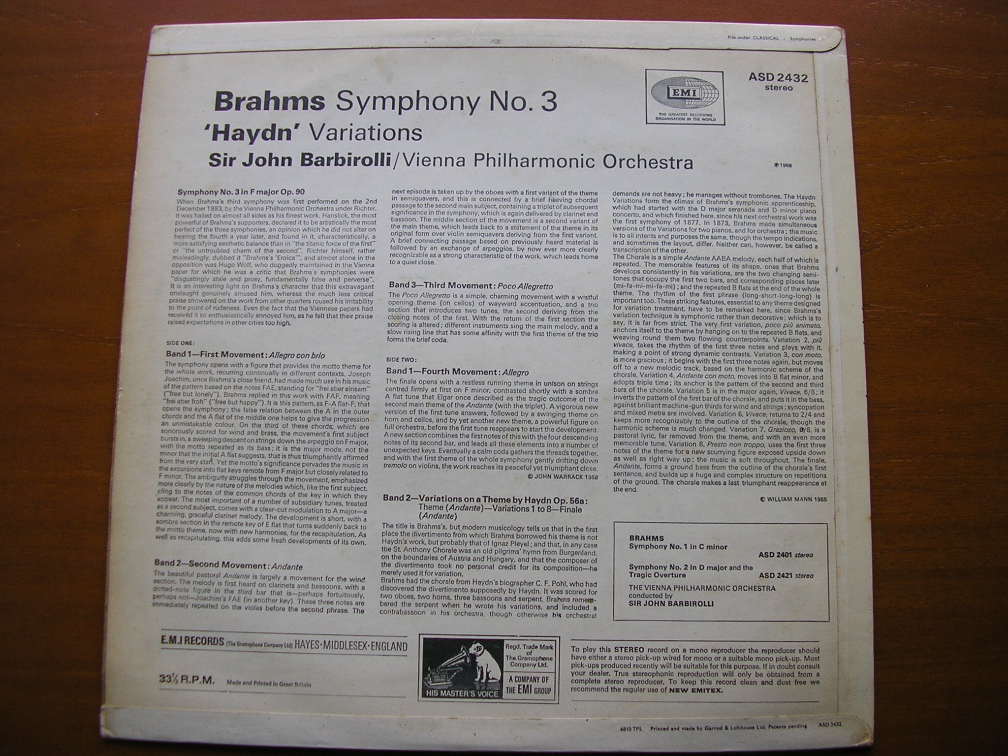 BRAHMS: SYMPHONY No. 3 / HAYDN VARIATIONS    BARBIROLLI / VIENNA PHILHARMONIC   ASD 2432