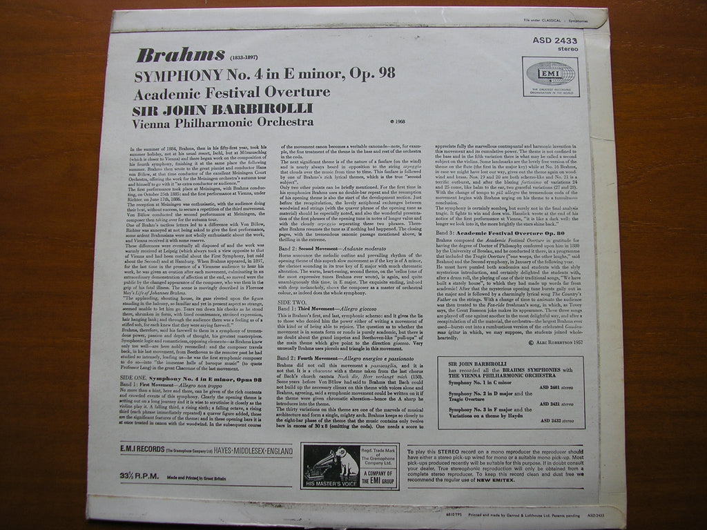 BRAHMS: SYMPHONY No. 4 / ACADEMIC FESTIVAL OVERTURE     BARBIROLLI / VIENNA PHILHARMONIC     ASD 2433