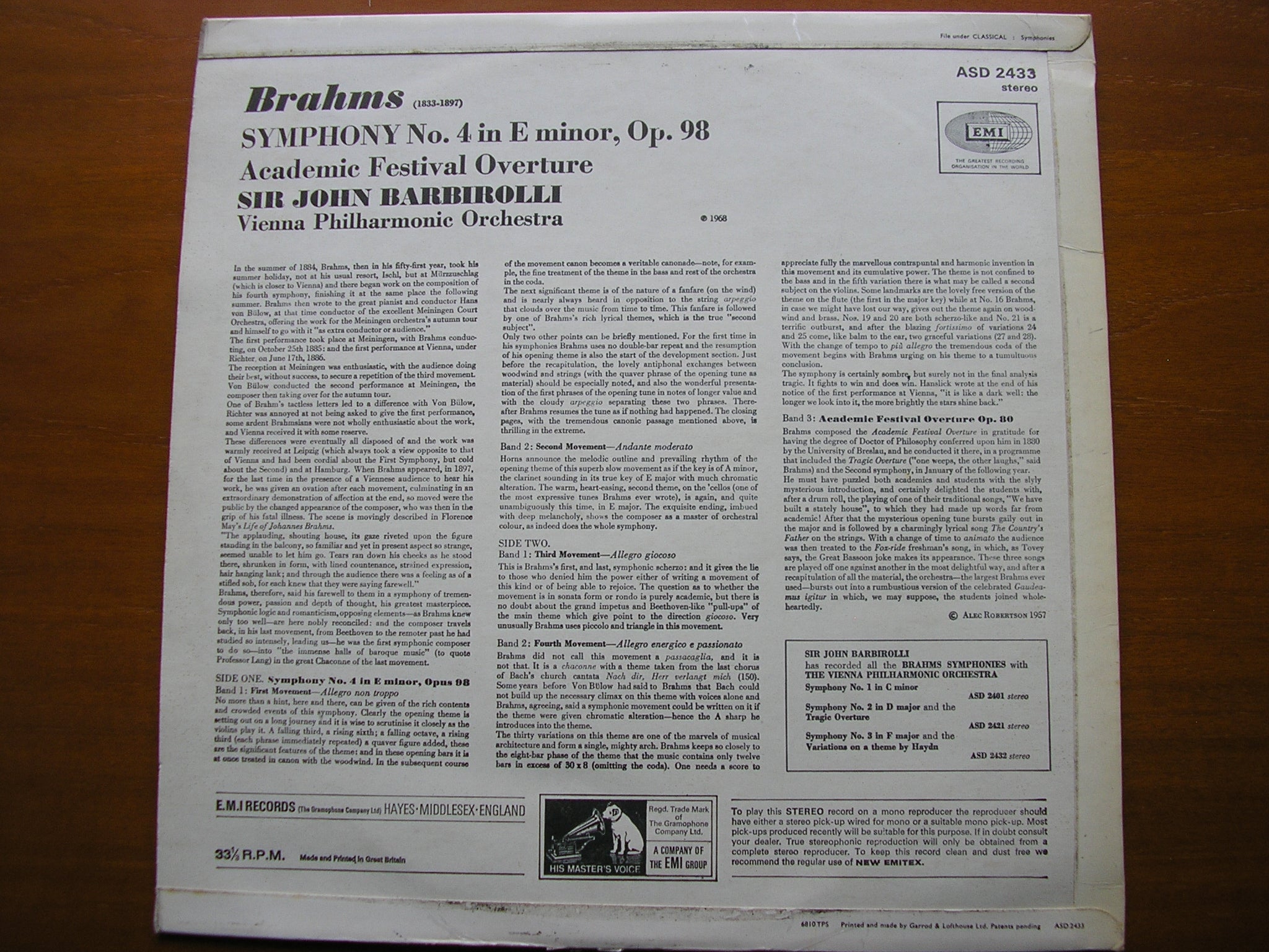 BRAHMS: SYMPHONY No. 4 / ACADEMIC FESTIVAL OVERTURE     BARBIROLLI / VIENNA PHILHARMONIC     ASD 2433
