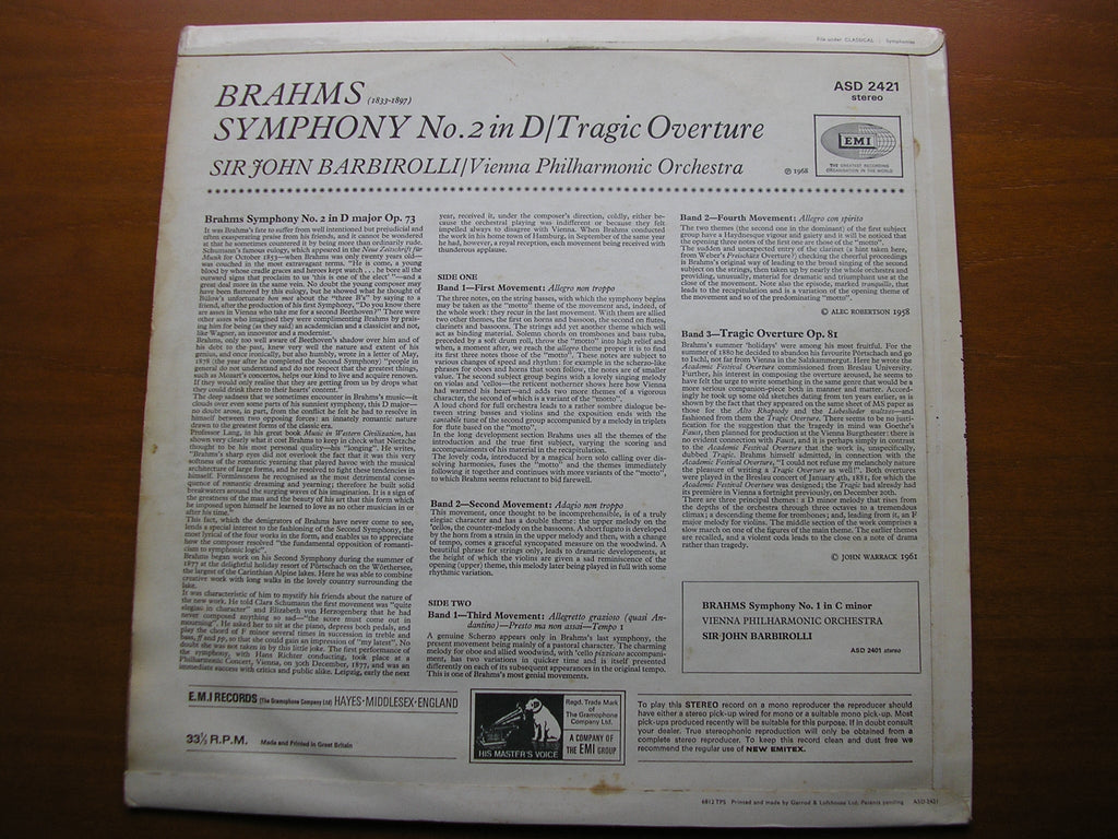 BRAHMS: SYMPHONY No. 2 / TRAGIC OVERTURE    KLEMPERER / PHILHARMONIA    ASD 2421