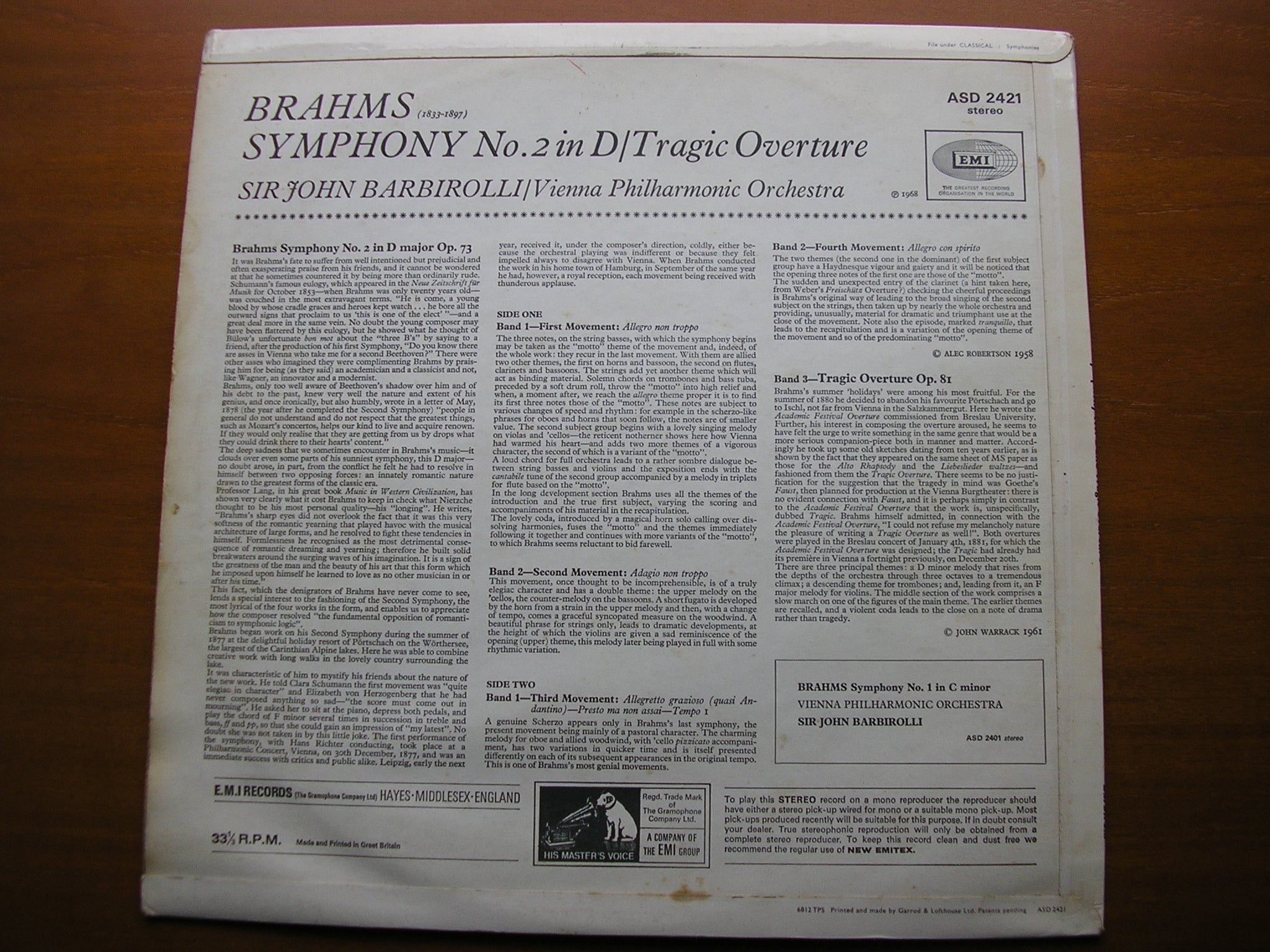 BRAHMS: SYMPHONY No. 2 / TRAGIC OVERTURE    KLEMPERER / PHILHARMONIA    ASD 2421