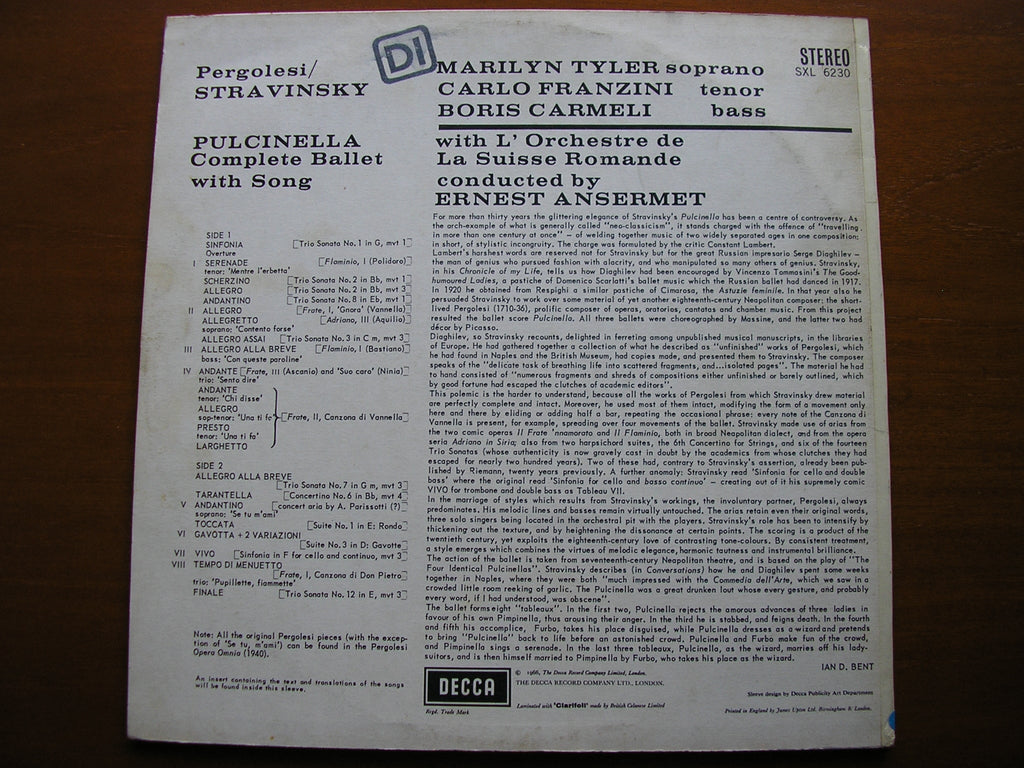 SXL 6230 STRAVINSKY: PULCINELLA SOLOISTS / SUISSE ROMANDE / ANSERMET
