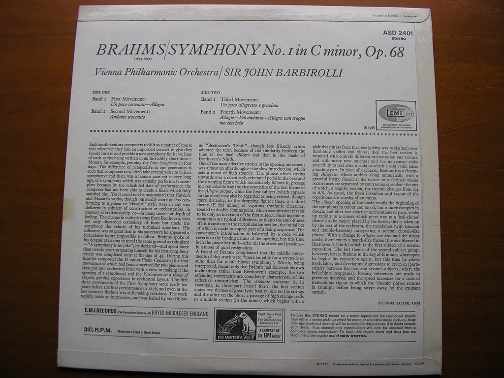 BRAHMS: SYMPHONY No. 1   BARBIROLLI / VIENNA PHILHARMONIC    ASD 2401