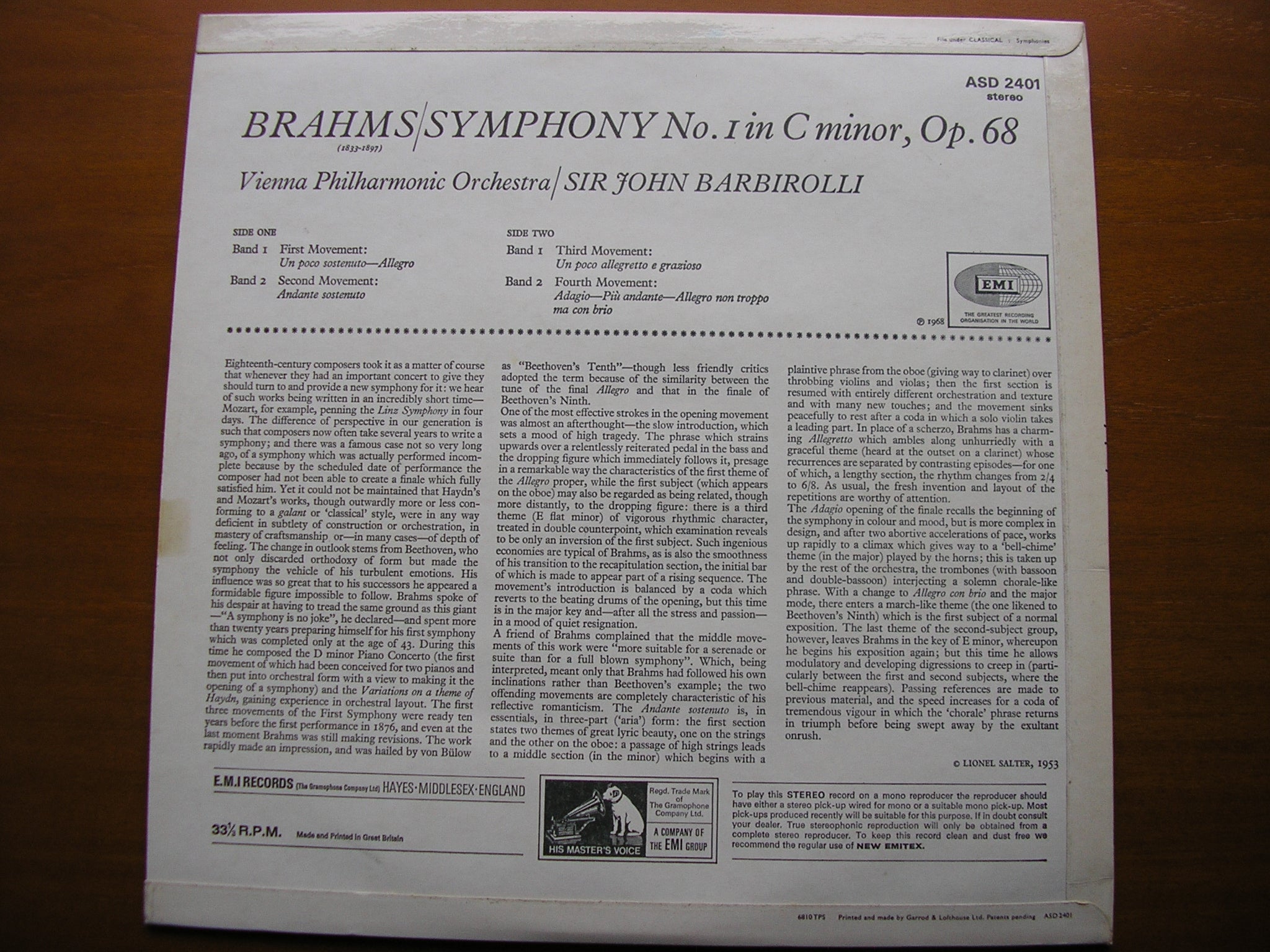 BRAHMS: SYMPHONY No. 1   BARBIROLLI / VIENNA PHILHARMONIC    ASD 2401