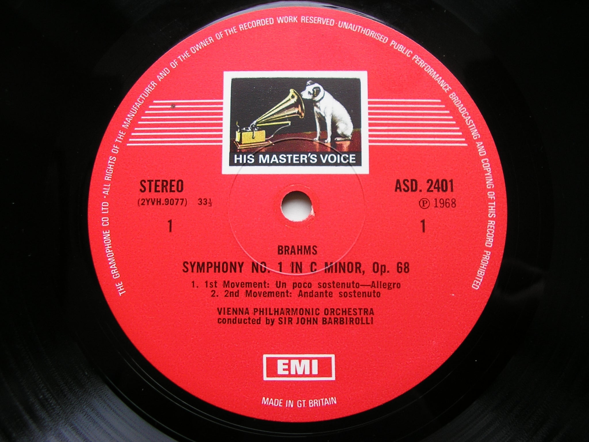 BRAHMS: SYMPHONY No. 1   BARBIROLLI / VIENNA PHILHARMONIC    ASD 2401