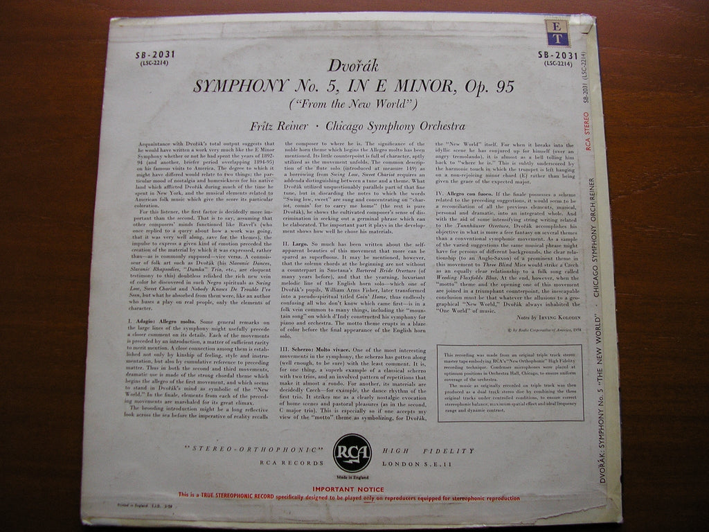 DVORAK: SYMPHONY No. 9 'New World'    REINER / CHICAGO SYMPHONY   SB 2031