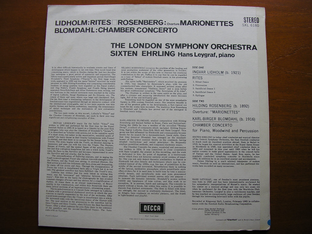 SXL 6180 LIDHOLM / ROSENBERG / BLOMDAHL: ORCHESTRAL MUSIC LEYGRAF / EHRLING / LONDON SYMPHONY