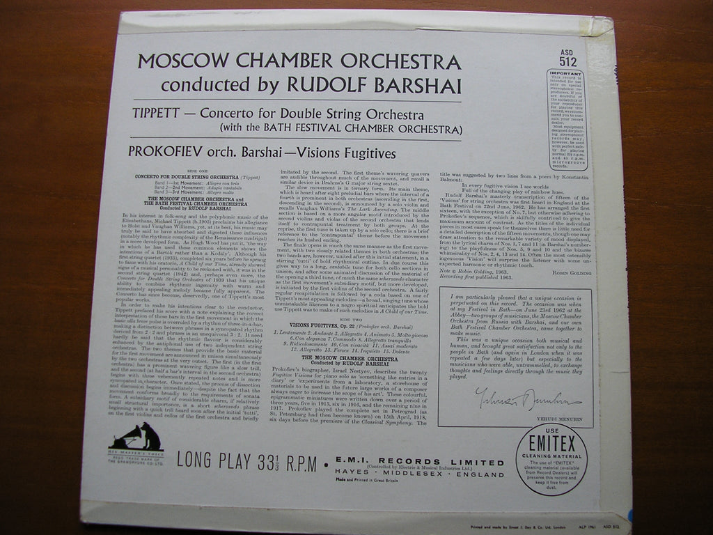 TIPPETT: CONCERTO FOR DOUBLE STRING ORCHESTRA / PROKOFIEV: VISIONS FUGITIVES     BARSHAI / MCO / BFO      ASD  512