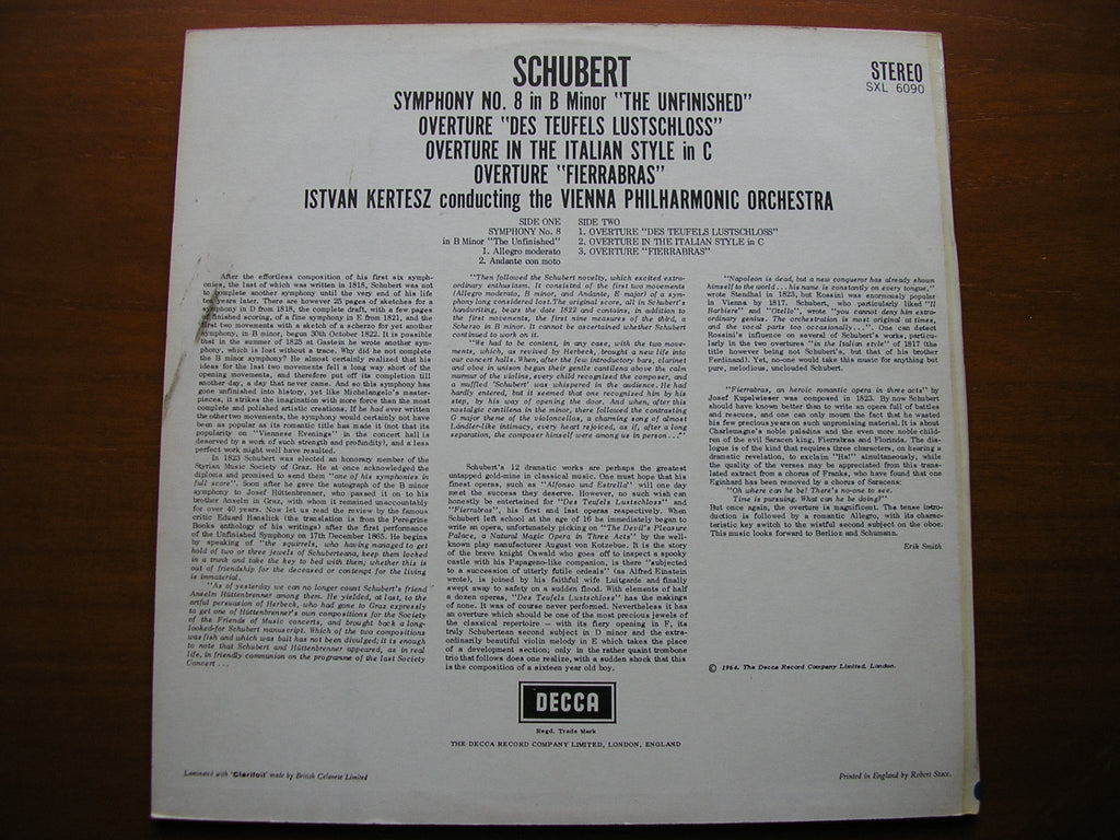 SXL 6090 SCHUBERT: SYMPHONY No. 8 'Unfinished' / OVERTURES      KERTESZ / VIENNA PHILHARMONIC      ED1