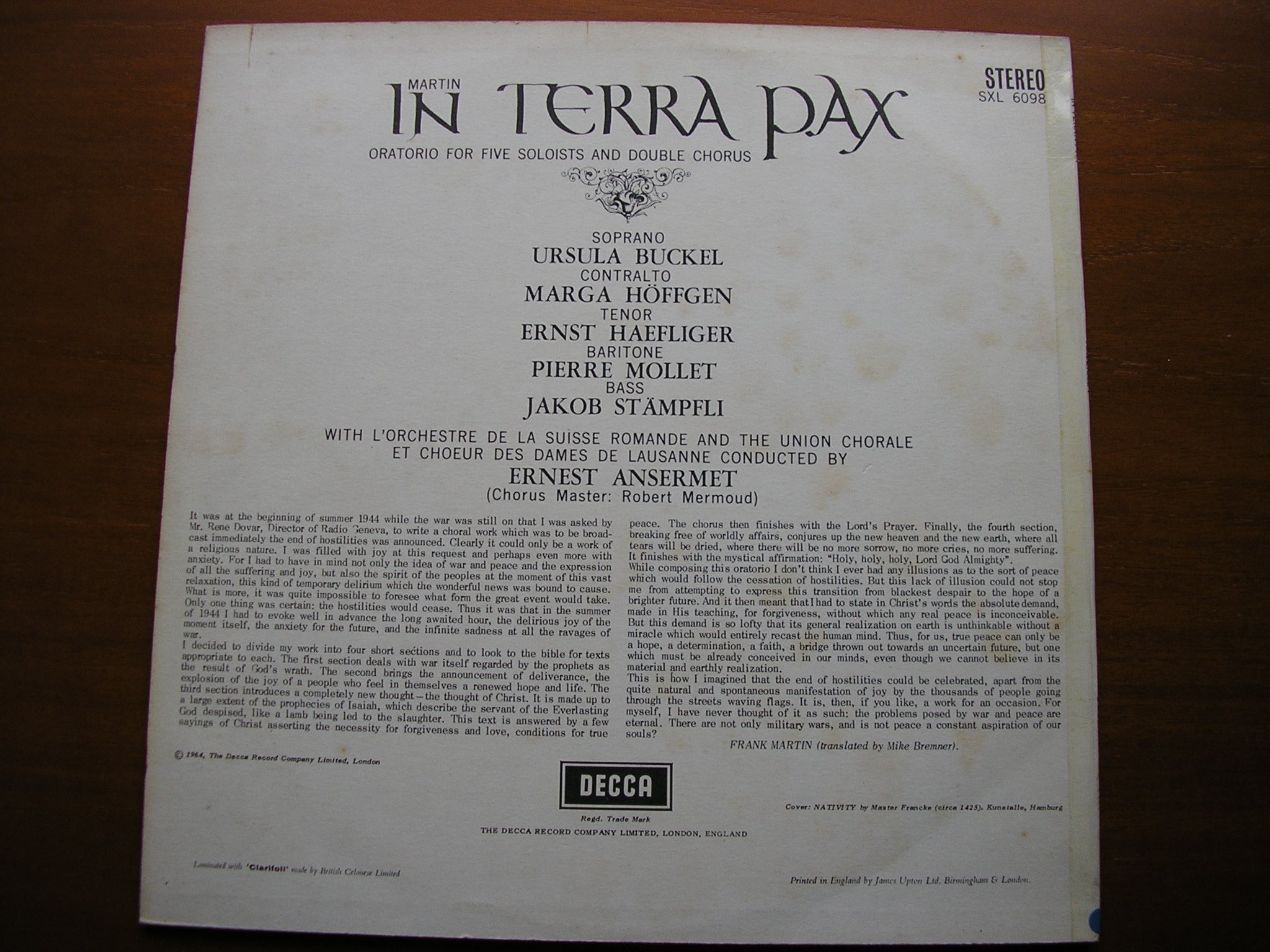 SXL 6098 MARTIN: IN TERRA PAX SOLOISTS / SUISSE ROMANDE / ANSERMET