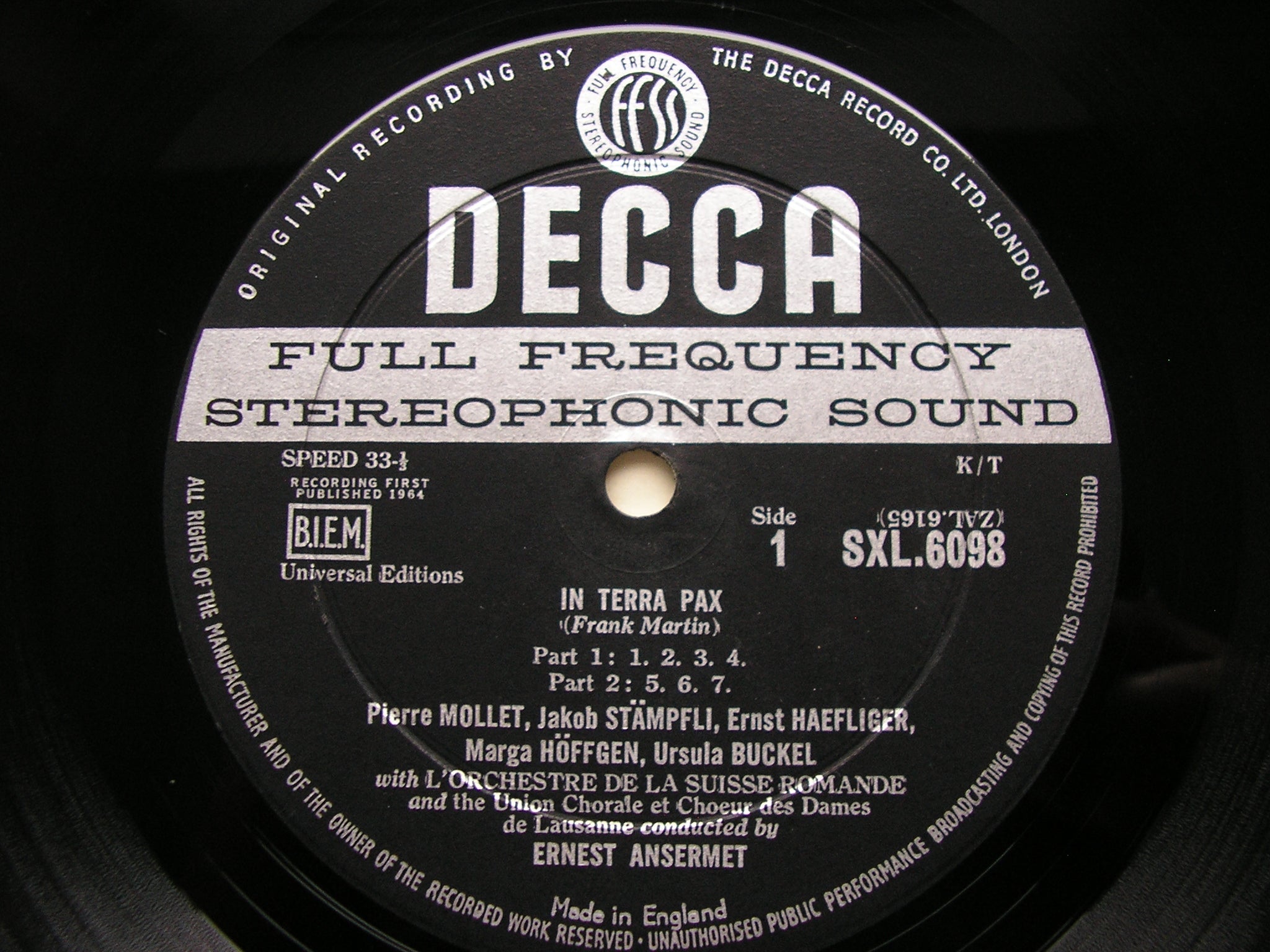 SXL 6098 MARTIN: IN TERRA PAX SOLOISTS / SUISSE ROMANDE / ANSERMET