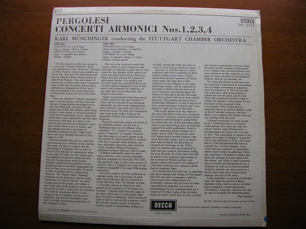 SXL 6102 PERGOLESI: CONCERTI ARMONICI Nos. 1 - 4 MUNCHINGER / STUTTGART CHAMBER ORCHESTRA