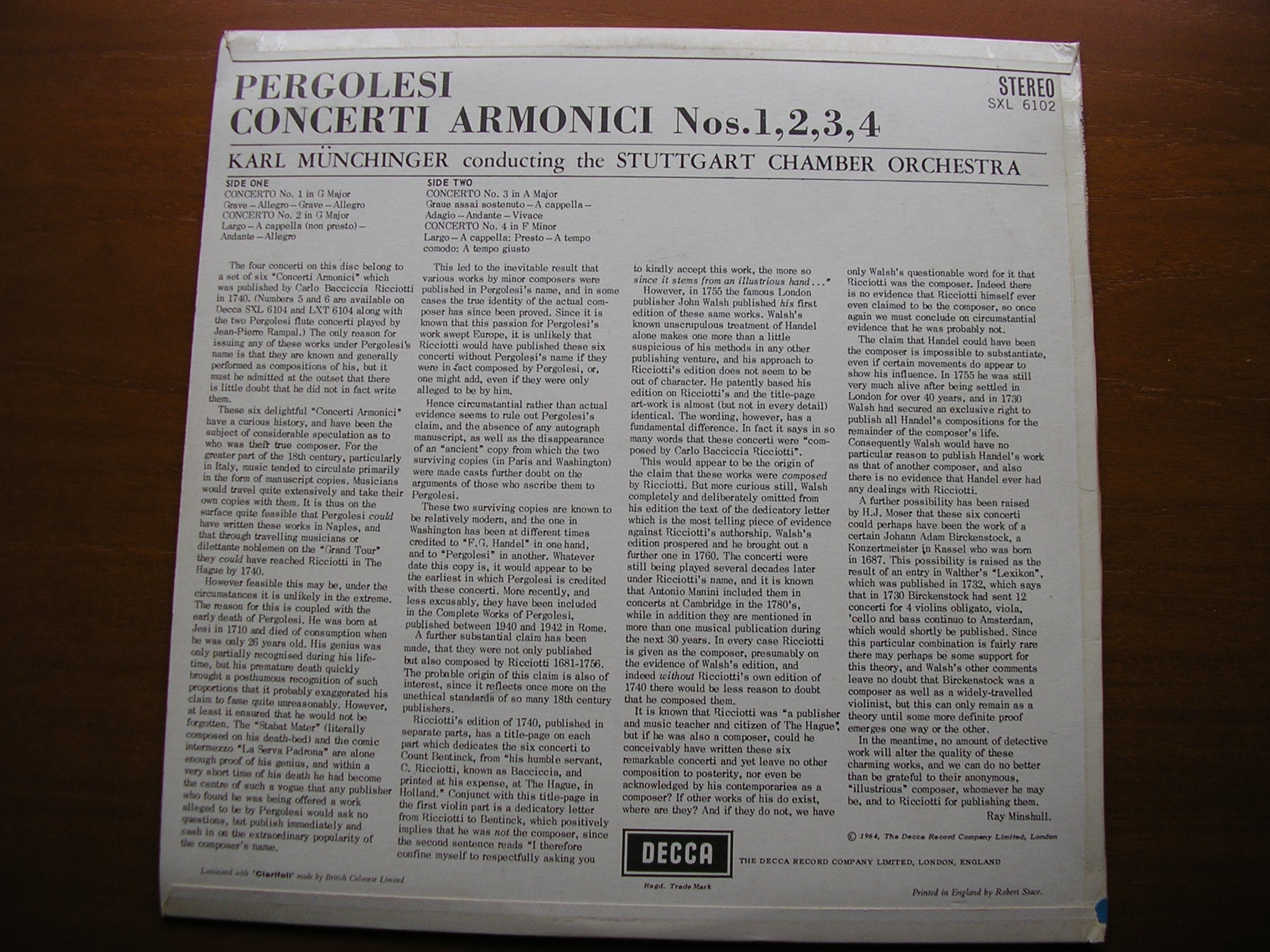 SXL 6102 PERGOLESI: CONCERTI ARMONICI Nos. 1 - 4 MUNCHINGER / STUTTGART CHAMBER ORCHESTRA