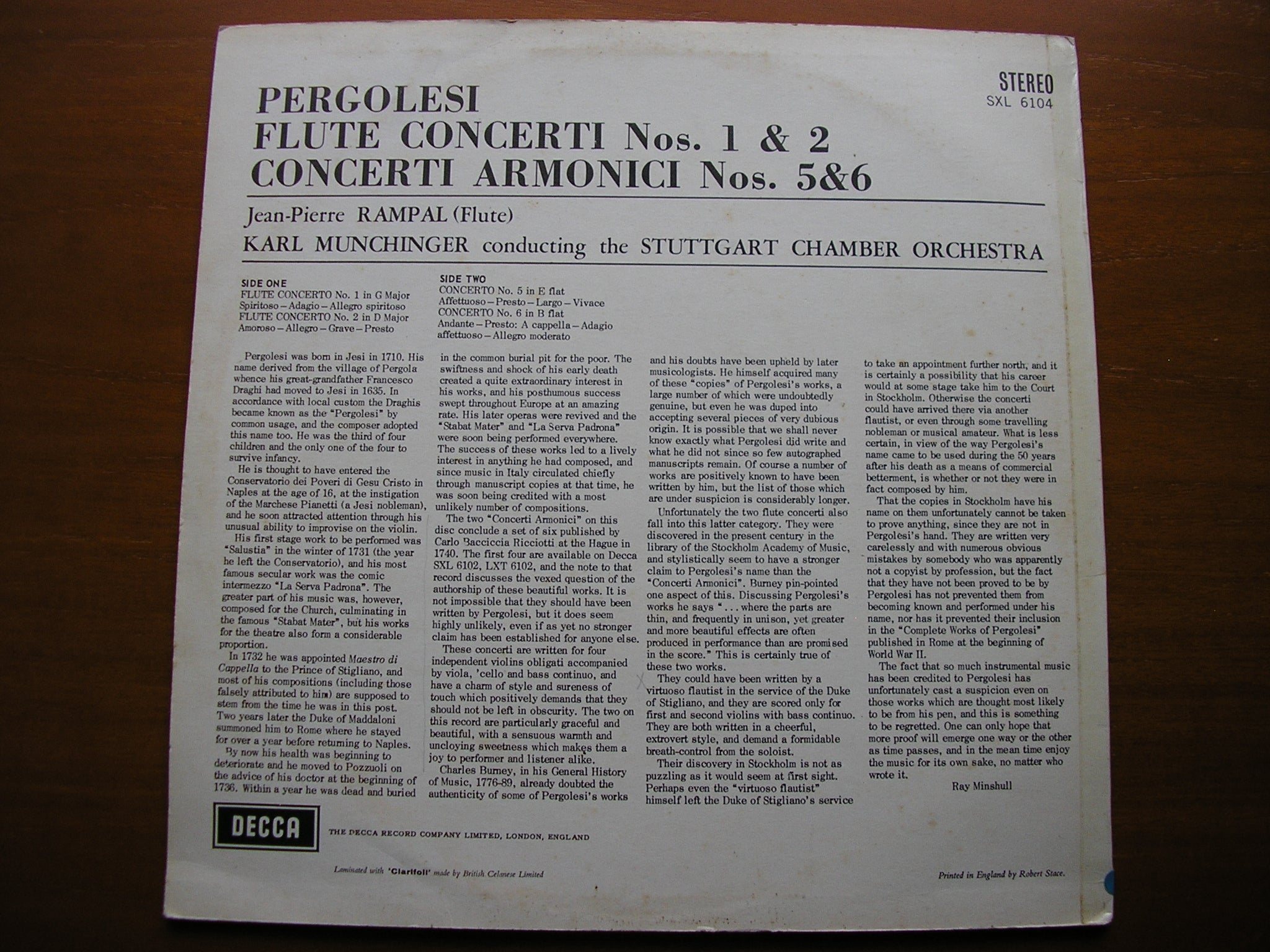 SXL 6104 PERGOLESI: CONCERTI ARMONICI Nos. 5 & 6 / FLUTE CONCERTI Nos 1 & 2 RAMPAL / STUTTGART CHAMBER ORCHESTRA / MUNCHINGER