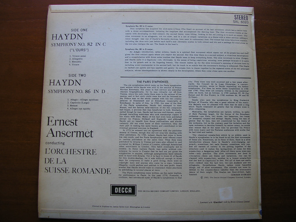 SXL 6020 HAYDN: SYMPHONIES Nos. 82 & 86 ANSERMET / SUISSE ROMANDE