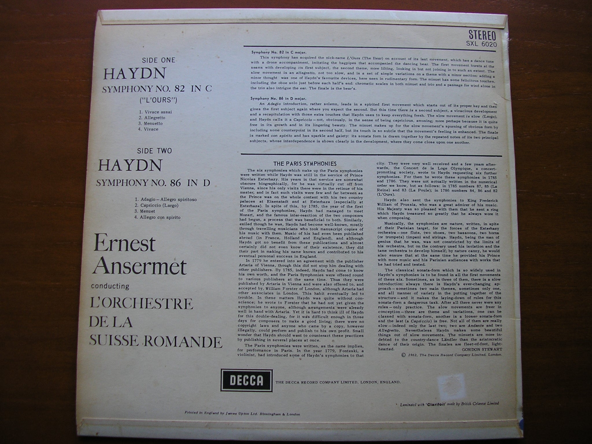 SXL 6020 HAYDN: SYMPHONIES Nos. 82 & 86 ANSERMET / SUISSE ROMANDE