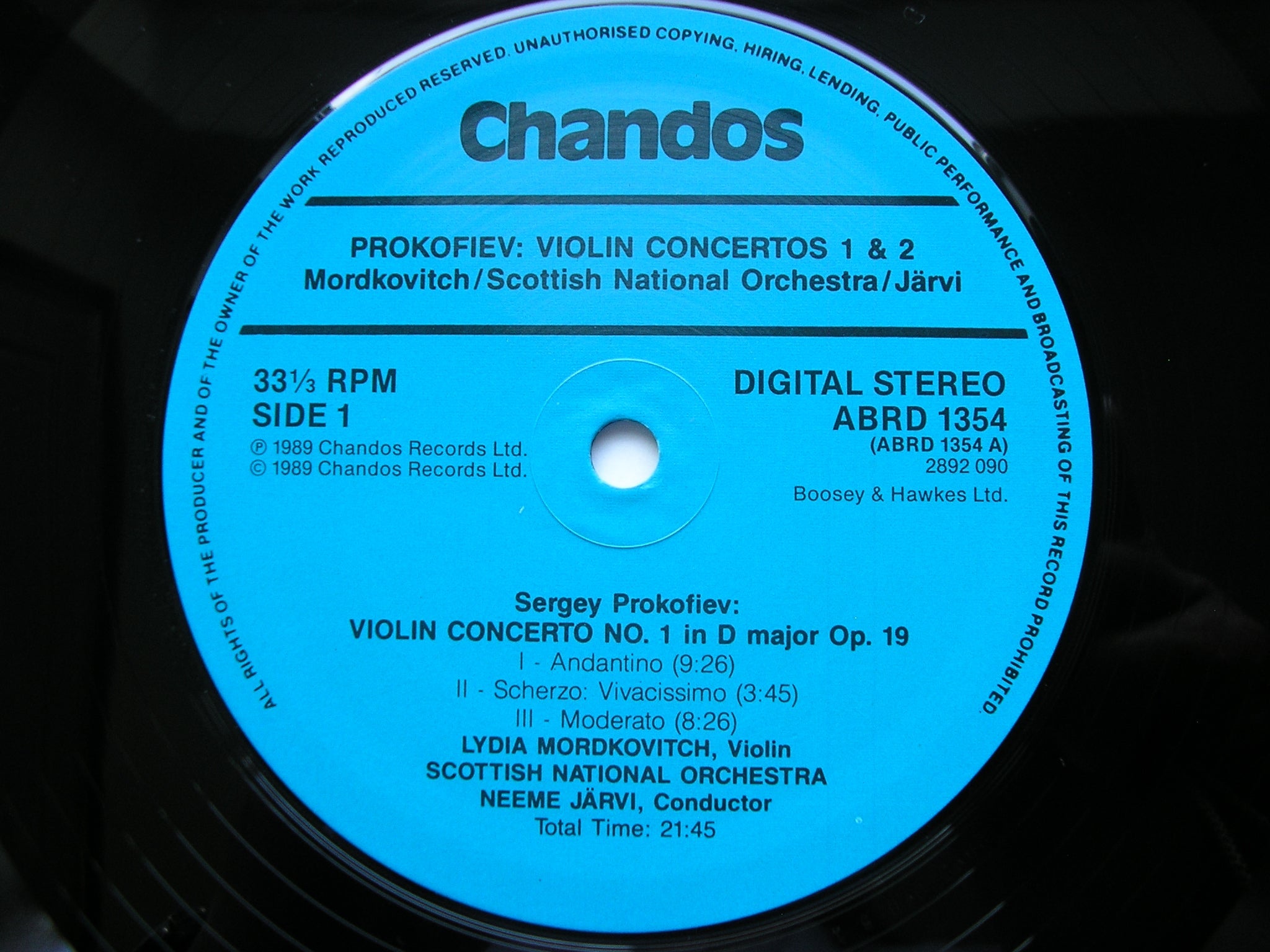 PROKOFIEV: THE TWO VIOLIN CONCERTOS   MORDKOVITCH / SCOTTISH NATIONAL ORCHESTRA / JARVI    ABRD 1354