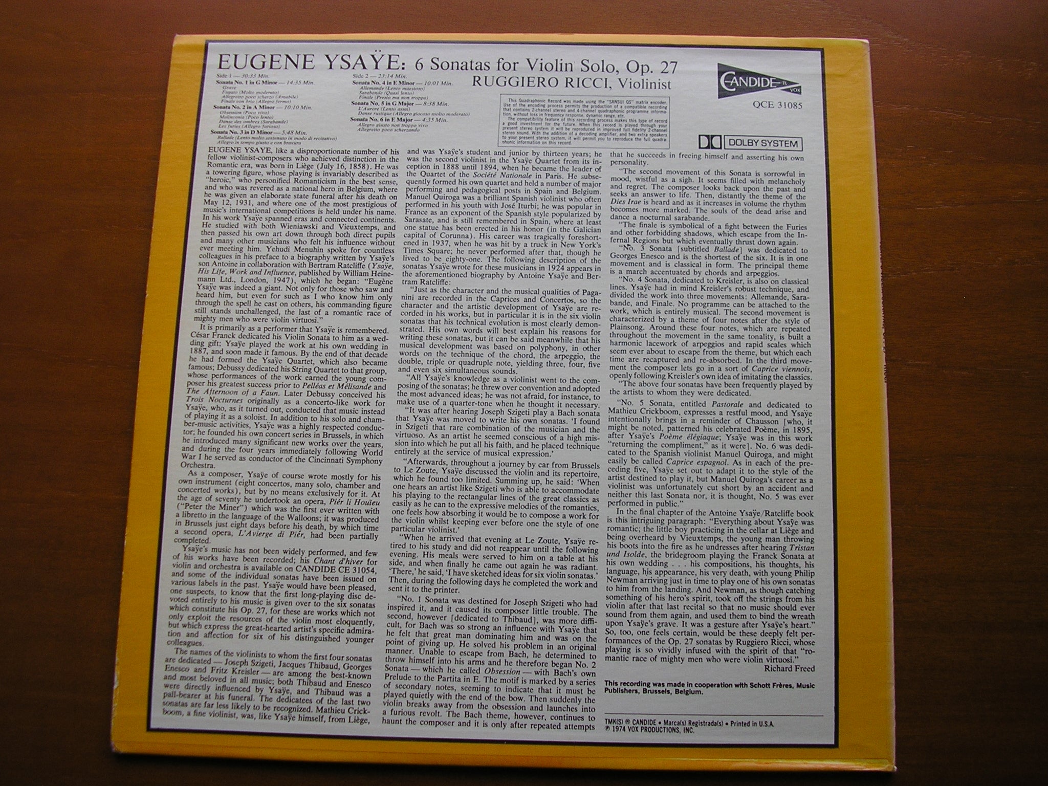 YSAYE: SIX SONATAS FOR SOLO VIOLIN    RUGGIERO RICCI    QCE 31085