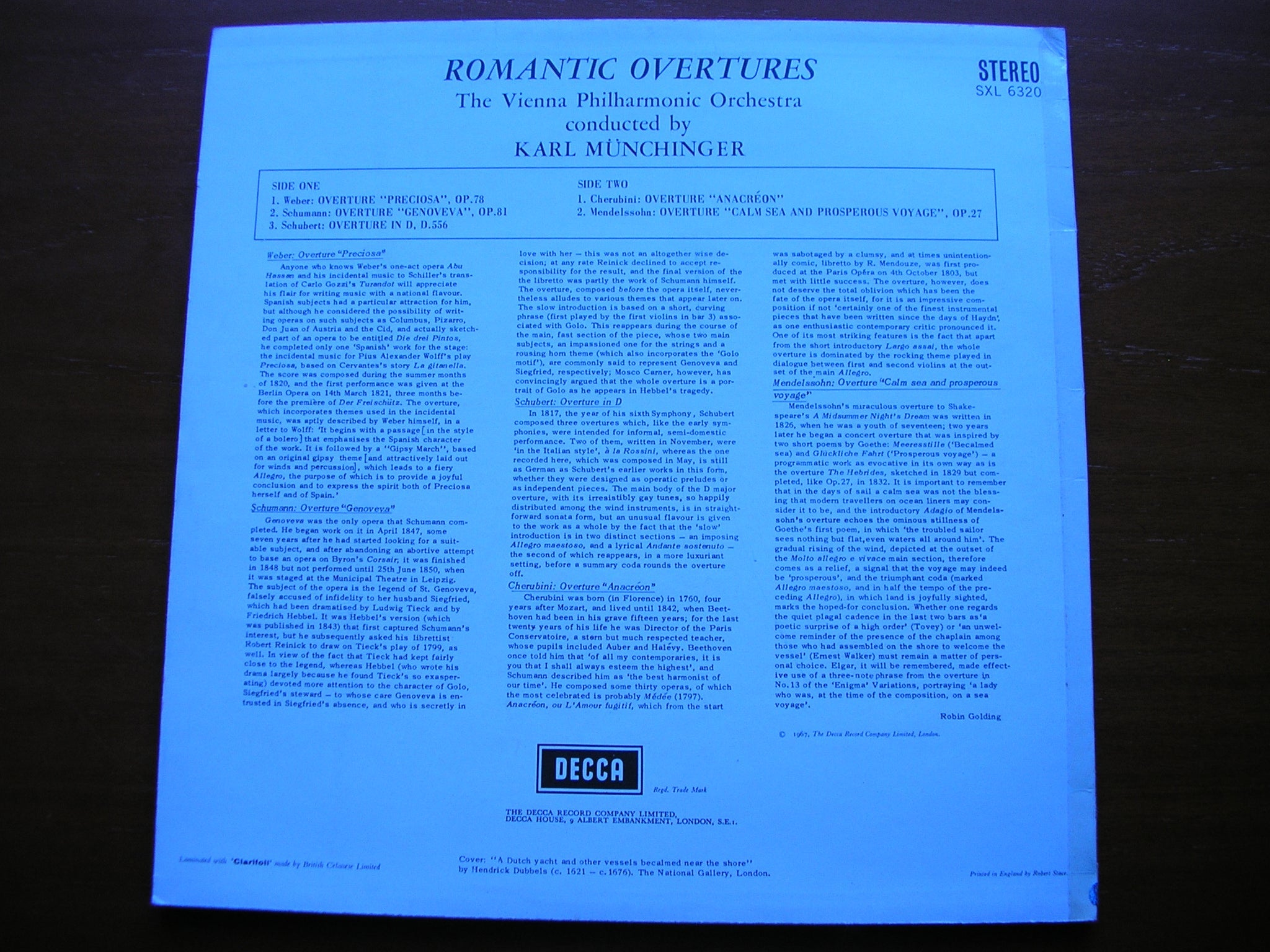 SXL 6320 ROMANTIC OVERTURES: WEBER / SCHUMANN / SCHUBERT / CHERUBINI / MENDELSSOHN MUNCHINGER / VIENNA PHILHARMONIC