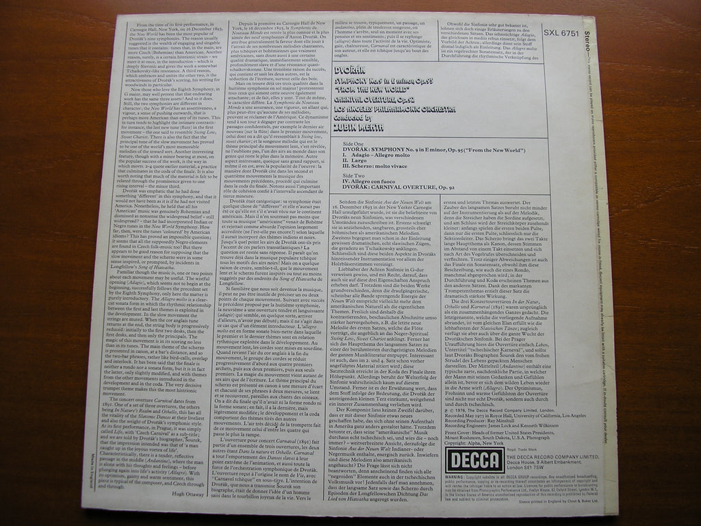 DVORAK: SYMPHONY No. 9 / CARNAVAL OVERTURE     MEHTA / LAPO     SXL 6751